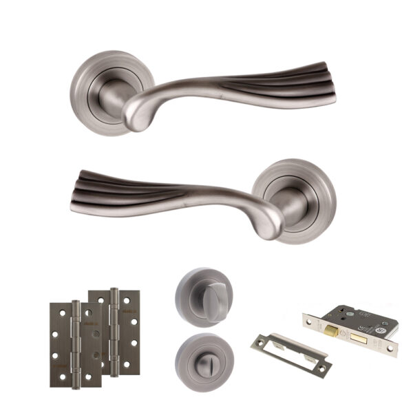 Old English Richmond Door Handle Pack (Bathroom Set - 2.5" CE Bathroom Lock, 4" Slim Knuckle Hinges x2) - Matt Gun Metal