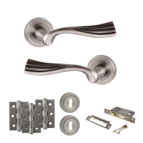 Old English Richmond Door Handle Pack (3 Lever Lock Set - 2.5" CE Sashlock, 3" Fire Rated Hinges x3) - Matt Gun Metal