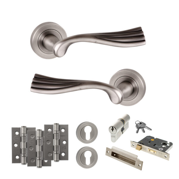 Old English Richmond Door Handle Pack (Euro Lock Set - 3" CE Sashlock, 3" Fire Rated Hinges x3) - Matt Gun Metal