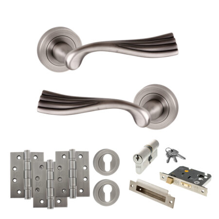 Old English Richmond Door Handle Pack (Euro Lock Set - 2.5" CE Sashlock, 4" Fire Rated Hinges x3) - Matt Gun Metal