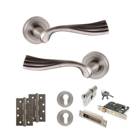 Old English Richmond Door Handle Pack (Euro Lock Set - 3" CE Sashlock, 4" Slim Knuckle Hinges x2) - Matt Gun Metal