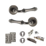 Old English Durham Door Handle Pack (Euro Lock Set - 3" CE Sashlock, 4" Slim Knuckle Hinges x2) - Distressed Silver