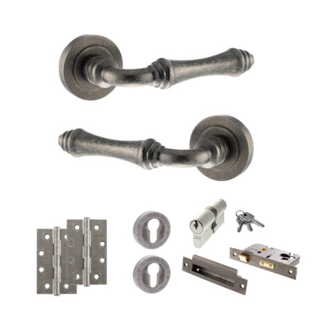 Old English Durham Door Handle Pack (Euro Lock Set - 3" CE Sashlock, 4" Slim Knuckle Hinges x2) - Distressed Silver