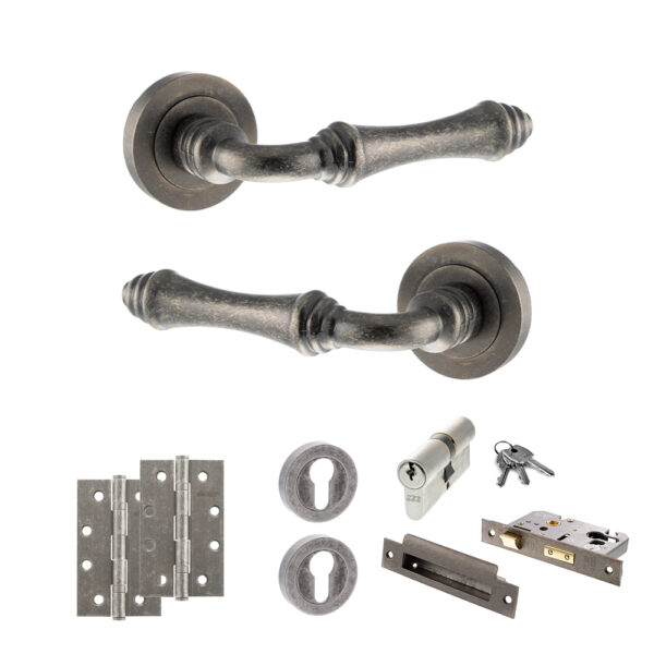Old English Durham Door Handle Pack (Euro Lock Set - 3" CE Sashlock, 4" Slim Knuckle Hinges x2) - Distressed Silver