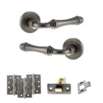 Old English Durham Door Handle Pack (Latch Set - 2.5" CE Latch, 4" Fire Rated Hinges x3) - Distressed Silver