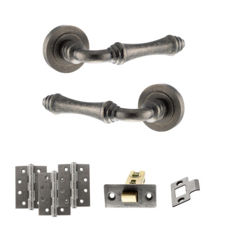 Old English Durham Door Handle Pack (Latch Set - 2.5" CE Latch, 4" Fire Rated Hinges x3) - Distressed Silver