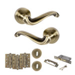 Atlantic Old English Colchester Door Handle Pack (3 Lever Lock Set - 3" CE Sashlock, 4" Fire Rated Hinges x3) - Antique Brass