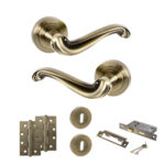 Atlantic Old English Colchester Door Handle Pack (3 Lever Lock Set - 2.5" CE Sashlock, 4" Slim Knuckle Hinges x2) - Antique Brass