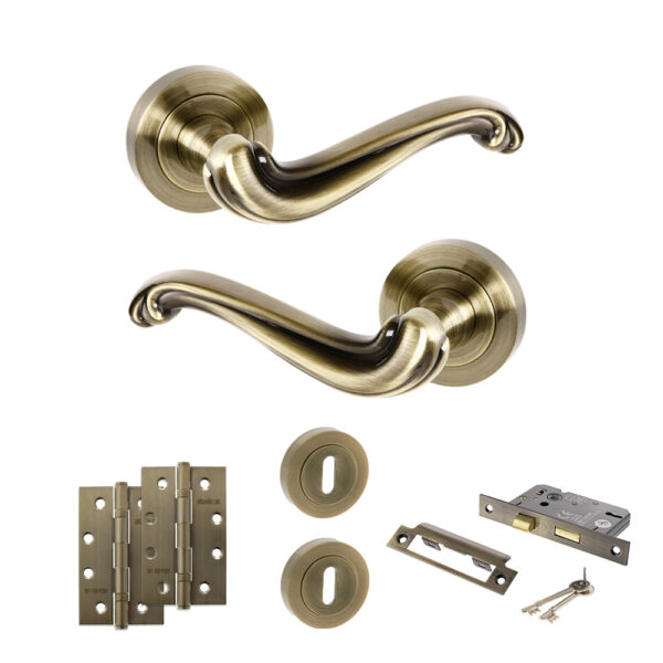 Atlantic Old English Colchester Door Handle Pack (3 Lever Lock Set - 3" CE Sashlock, 4" Slim Knuckle Hinges x2) - Antique Brass