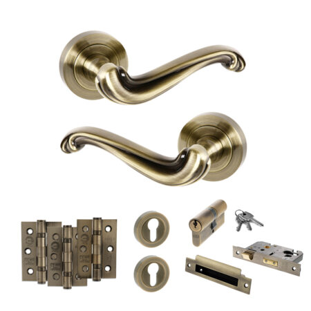 Atlantic Old English Colchester Door Handle Pack (Euro Lock Set - 3" CE Sashlock, 3" Fire Rated Hinges x3) - Antique Brass