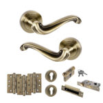 Atlantic Old English Colchester Door Handle Pack (Euro Lock Set - 3" CE Sashlock, 4" Fire Rated Hinges x3) - Antique Brass