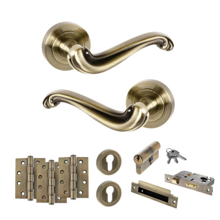 Atlantic Old English Colchester Door Handle Pack (Euro Lock Set - 3" CE Sashlock, 4" Fire Rated Hinges x3) - Antique Brass