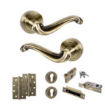 Atlantic Old English Colchester Door Handle Pack (Euro Lock Set - 2.5" CE Sashlock, 4" Slim Knuckle Hinges x2) - Antique Brass
