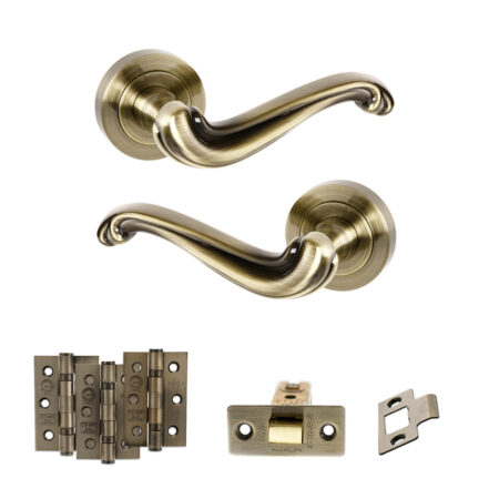 Atlantic Old English Colchester Door Handle Pack (Latch Set - 3" CE Latch, 3" Fire Rated Hinges x3) - Antique Brass