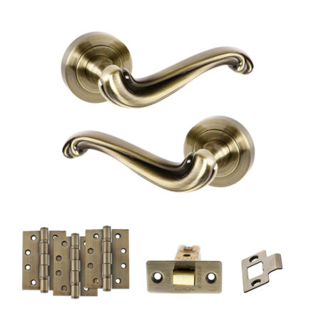 Atlantic Old English Colchester Door Handle Pack (Latch Set - 3" CE Latch, 4" Fire Rated Hinges x3) - Antique Brass