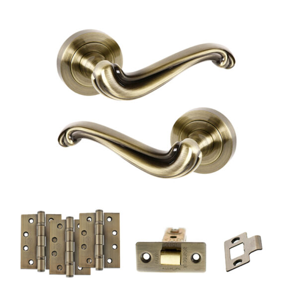 Atlantic Old English Colchester Door Handle Pack (Latch Set - 3" CE Latch, 4" Fire Rated Hinges x3) - Antique Brass