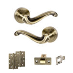 Atlantic Old English Colchester Door Handle Pack (Latch Set - 3" CE Latch, 4" Slim Knuckle Hinges x2) - Antique Brass