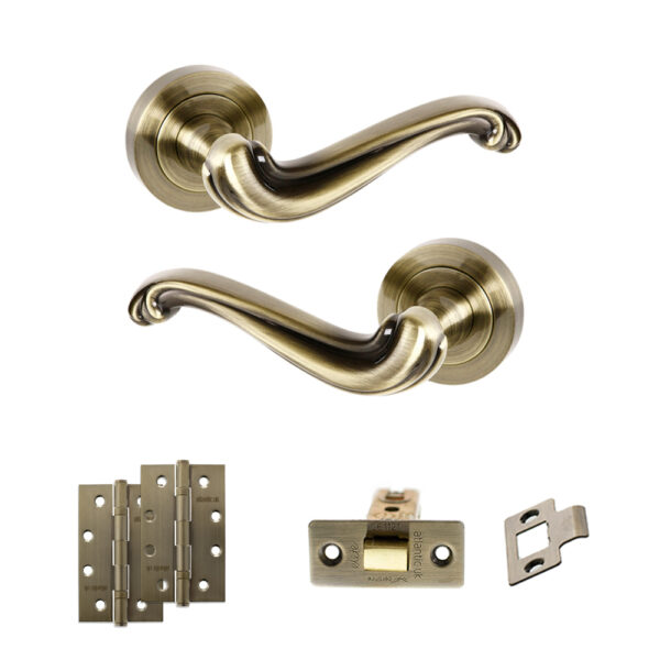 Atlantic Old English Colchester Door Handle Pack (Latch Set - 3" CE Latch, 4" Slim Knuckle Hinges x2) - Antique Brass