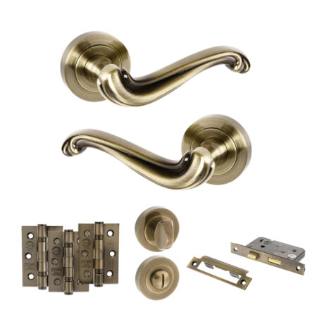 Atlantic Old English Colchester Door Handle Pack (Bathroom Set - 3" CE Bathroom Lock, 3" Fire Rated Hinges x3) - Antique Brass