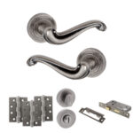 Atlantic Old English Colchester Door Handle Pack (Bathroom Set - 3" CE Bathroom Lock, 4" Fire Rated Hinges x3) - Distressed Silver