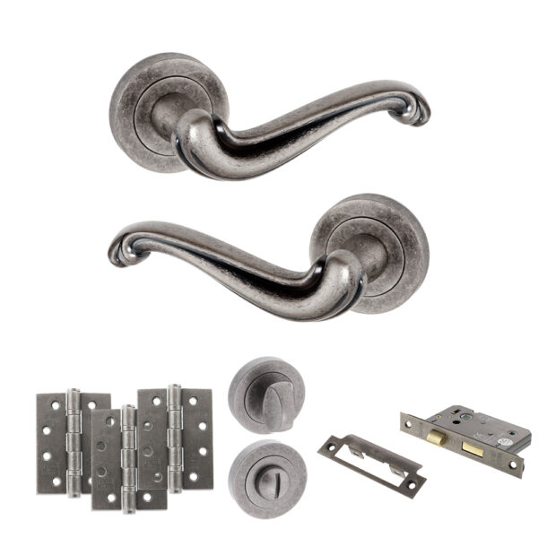 Atlantic Old English Colchester Door Handle Pack (Bathroom Set - 3" CE Bathroom Lock, 4" Fire Rated Hinges x3) - Distressed Silver