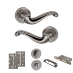 Atlantic Old English Colchester Door Handle Pack (Bathroom Set - 2.5" CE Bathroom Lock, 4" Slim Knuckle Hinges x2) - Distressed Silver