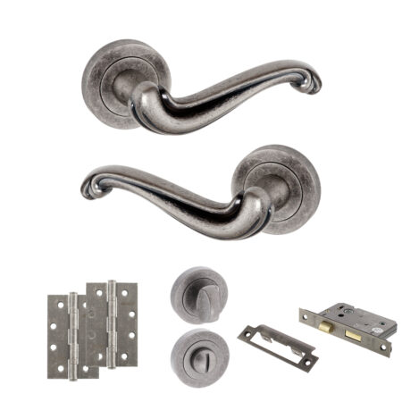 Atlantic Old English Colchester Door Handle Pack (Bathroom Set - 2.5" CE Bathroom Lock, 4" Slim Knuckle Hinges x2) - Distressed Silver