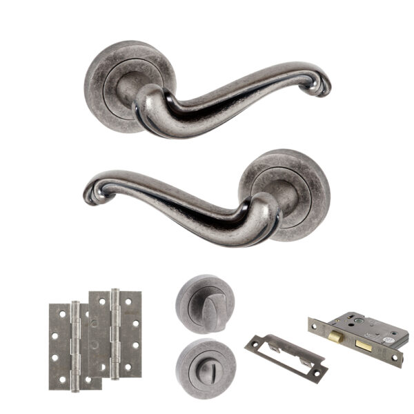 Atlantic Old English Colchester Door Handle Pack (Bathroom Set - 3" CE Bathroom Lock, 4" Slim Knuckle Hinges x2) - Distressed Silver