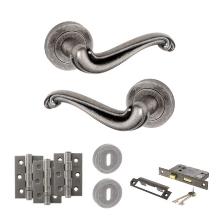 Atlantic Old English Colchester Door Handle Pack (3 Lever Lock Set - 2.5" CE Sashlock, 3" Fire Rated Hinges x3) - Distressed Silver