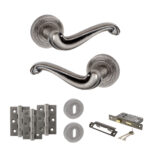Atlantic Old English Colchester Door Handle Pack (3 Lever Lock Set - 3" CE Sashlock, 3" Fire Rated Hinges x3) - Distressed Silver