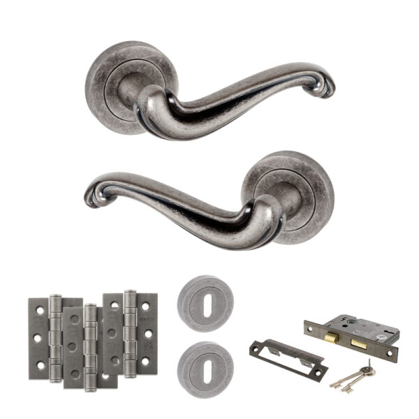 Atlantic Old English Colchester Door Handle Pack (3 Lever Lock Set - 3" CE Sashlock, 3" Fire Rated Hinges x3) - Distressed Silver
