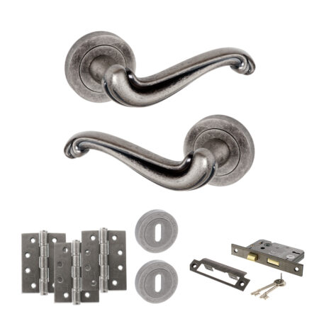 Atlantic Old English Colchester Door Handle Pack (3 Lever Lock Set - 2.5" CE Sashlock, 4" Fire Rated Hinges x3) - Distressed Silver