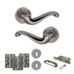 Atlantic Old English Colchester Door Handle Pack (3 Lever Lock Set - 3" CE Sashlock, 4" Fire Rated Hinges x3) - Distressed Silver