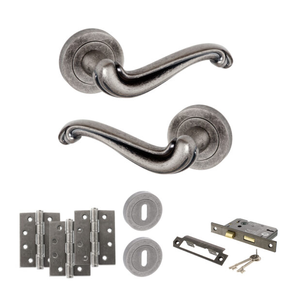 Atlantic Old English Colchester Door Handle Pack (3 Lever Lock Set - 3" CE Sashlock, 4" Fire Rated Hinges x3) - Distressed Silver