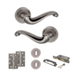 Atlantic Old English Colchester Door Handle Pack (3 Lever Lock Set - 2.5" CE Sashlock, 4" Slim Knuckle Hinges x2) - Distressed Silver