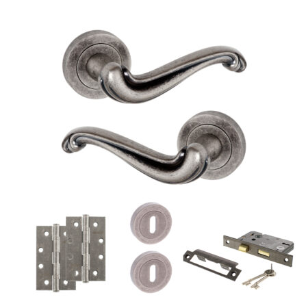 Atlantic Old English Colchester Door Handle Pack (3 Lever Lock Set - 2.5" CE Sashlock, 4" Slim Knuckle Hinges x2) - Distressed Silver