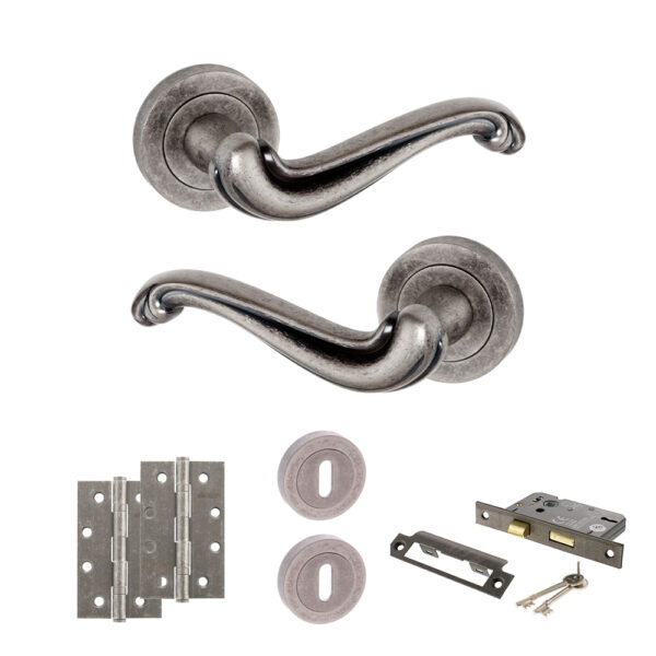 Atlantic Old English Colchester Door Handle Pack (3 Lever Lock Set - 2.5" CE Sashlock, 4" Slim Knuckle Hinges x2) - Distressed Silver