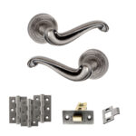 Atlantic Old English Colchester Door Handle Pack (Latch Set - 2.5" CE Latch, 3" Fire Rated Hinges x3) - Distressed Silver