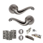 Atlantic Old English Colchester Door Handle Pack (Euro Lock Set - 3" CE Sashlock, 3" Fire Rated Hinges x3) - Distressed Silver