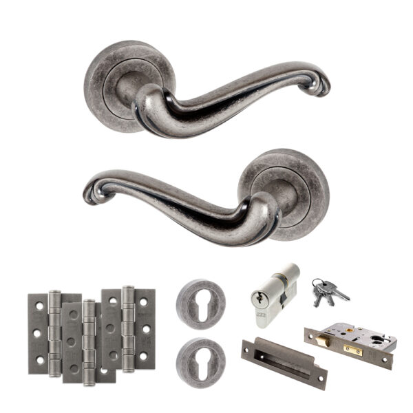Atlantic Old English Colchester Door Handle Pack (Euro Lock Set - 3" CE Sashlock, 3" Fire Rated Hinges x3) - Distressed Silver