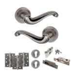 Atlantic Old English Colchester Door Handle Pack (Euro Lock Set - 3" CE Sashlock, 4" Fire Rated Hinges x3) - Distressed Silver