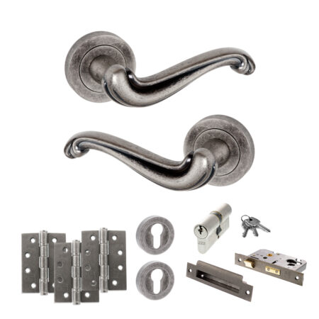 Atlantic Old English Colchester Door Handle Pack (Euro Lock Set - 3" CE Sashlock, 4" Fire Rated Hinges x3) - Distressed Silver