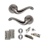 Atlantic Old English Colchester Door Handle Pack (Euro Lock Set - 2.5" CE Sashlock, 4" Slim Knuckle Hinges x2) - Distressed Silver