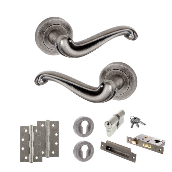Atlantic Old English Colchester Door Handle Pack (Euro Lock Set - 2.5" CE Sashlock, 4" Slim Knuckle Hinges x2) - Distressed Silver