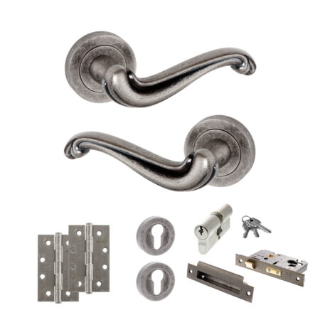 Atlantic Old English Colchester Door Handle Pack (Euro Lock Set - 3" CE Sashlock, 4" Slim Knuckle Hinges x2) - Distressed Silver