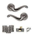 Atlantic Old English Colchester Door Handle Pack (Latch Set - 2.5" CE Latch, 4" Fire Rated Hinges x3) - Distressed Silver