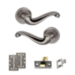 Atlantic Old English Colchester Door Handle Pack (Latch Set - 2.5" CE Latch, 4" Slim Knuckle Hinges x2) - Distressed Silver