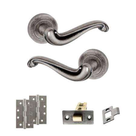 Atlantic Old English Colchester Door Handle Pack (Latch Set - 2.5" CE Latch, 4" Slim Knuckle Hinges x2) - Distressed Silver