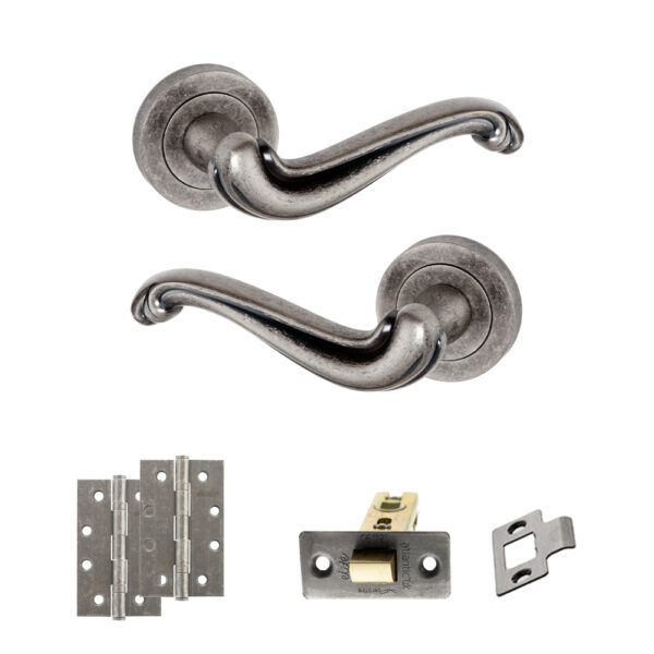 Atlantic Old English Colchester Door Handle Pack (Latch Set - 3" CE Latch, 4" Slim Knuckle Hinges x2) - Distressed Silver