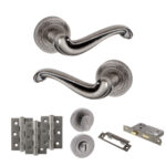 Atlantic Old English Colchester Door Handle Pack (Bathroom Set - 2.5" CE Bathroom Lock, 3" Fire Rated Hinges x3) - Distressed Silver